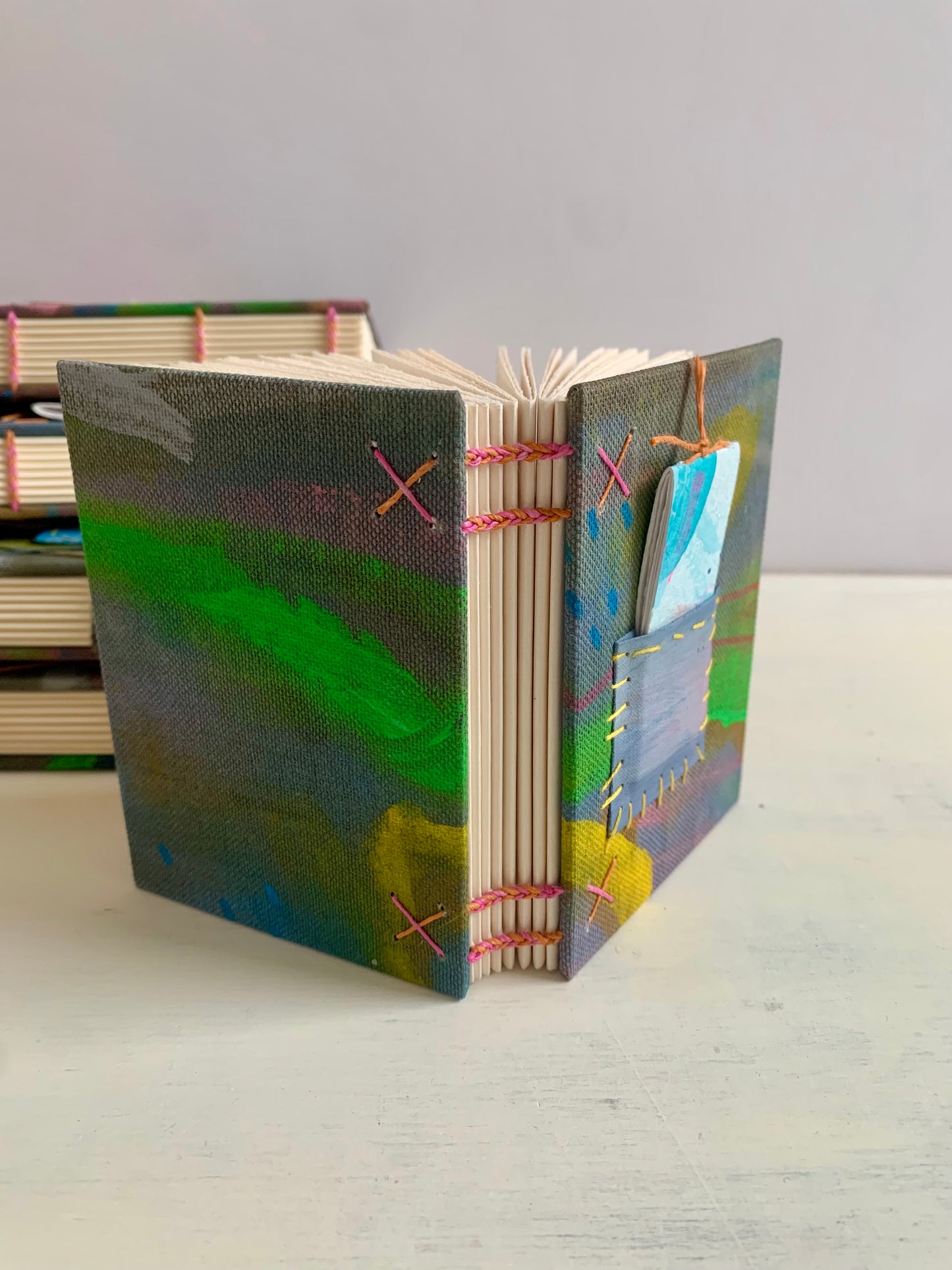 Books - Journal or sketchbook with fun hand painted covers and brightly coloured binding A7